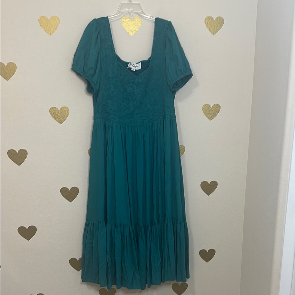 JessaKae Ebony Dress 3X Teal Puff Sleeve Smocked Cottagecore Midi Dress - Picture 3 of 4